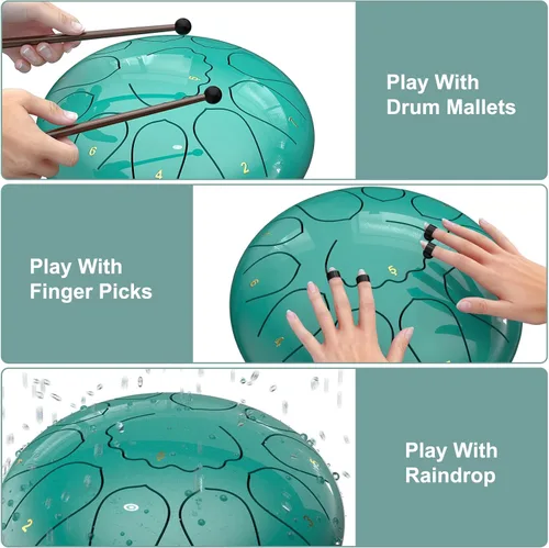 Miniatura 4 de Tambor de lluvia para jardín exterior, tambor de lengua de acero de 8 pulgadas con 11 notas, carillón de lluvia impermeable para meditación, Azul