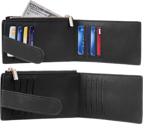 Miniatura 4 de Chelmon Billetera delgada con bloqueo RFID para mujer con bolsillo con cremallera Negro liso Minimalista
