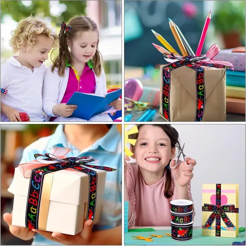 Miniatura 7 de JarThenaAMCS 3 rollos de cinta de grogrén Vuelta al Colegio, cinta de grogrén con temática escolar, cinta de grogrén con estampado ABC, cinta