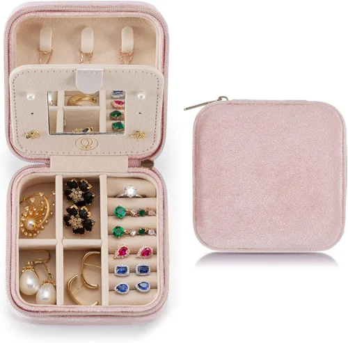 Joyero de viaje de terciopelo de felpa, pequeño joyero de viaje, caja de joyería portátil, mini organizador de viaje, caja de almacenamiento