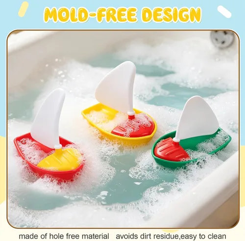 Miniatura 7 de Toyvian Barco y velero de juguete de baño, 3 piezas para niños pequeños, sin moho, pequeños barcos de plástico para bañera, juguetes acuáticos