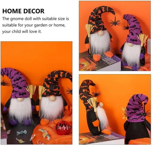 Miniatura 7 de PRETYZOOM Muñeca sin rostro, gnomo de Halloween, decoración de felpa, gnomo de bruja de fieltro suave morado con barba gris, escoba de araña
