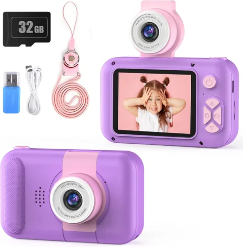 Miniatura 8 de Cámara para niños con lente giratoria de 180° para selfie y video, cámaras de video digitales HD para niños pequeños con tarjeta SD de 32 GB, ideal
