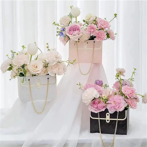 Miniatura 2 de Caja de regalo de papel de flores, bolsas de ramo de flores con caja de regalo de cadena de metal, cajas de flores para arreglos, cajas de flores
