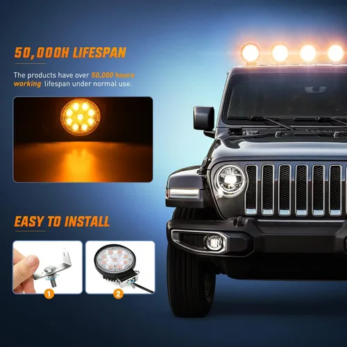 Miniatura 6 de Nilight - 2 barras de luz LED de 4.5 pulgadas, 27 W, focos redondos ámbar, luz estroboscópica todoterreno, para neblina, techo, para SUV, camión