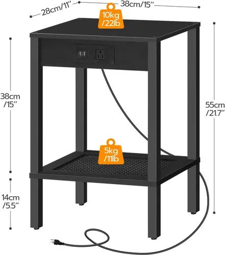 Miniatura 3 de HOOBRO Mesa auxiliar con estación de carga, mesa auxiliar con puertos USB y tomacorriente, mesita de noche con estante de almacenamiento de 2 Negro