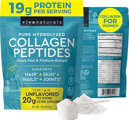 Viva Naturals Polvo de péptidos de colágeno – Bovino hidrolizado alimentado con pasto, tipo I y III, 0.49 oz de proteína, sin sabor, fácil de