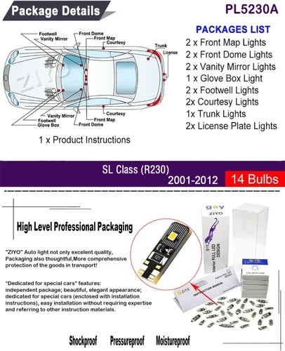 Miniatura 2 de Kit de luz interior LED para Mercedes Benz SL Class R230 2001-2012 Paquete de repuesto de bombillas de cúpula, 6000 K xenón blanco luces LED