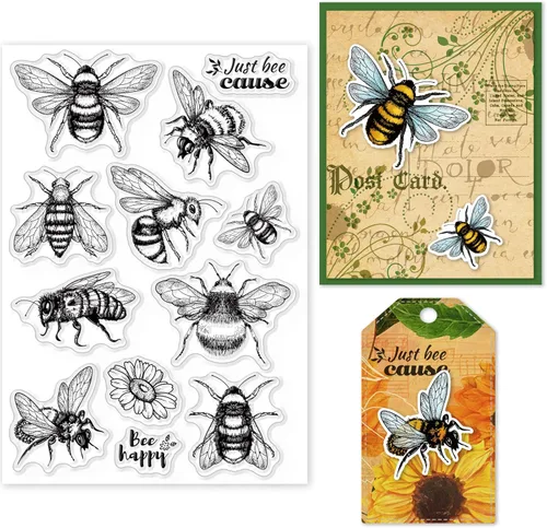 GLOBLELAND Sellos transparentes de abeja para decoración de álbumes de recortes, diseño de abeja Happy Greetings, sello de silicona transparente