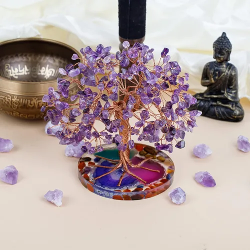 Miniatura 4 de ZenBless Árbol de 7 piedras curativas de chakra, hojas de amatista envueltas en alambre sobre base de rebanadas de ágata natural, decoración de Feng