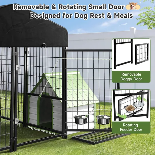 Miniatura 2 de Perrera para Perros al Aire Libre, Perrera para Perros con Techo y Comederos Giratorios/Puerta para Perros Desmontable Permite Conectar Su Casa