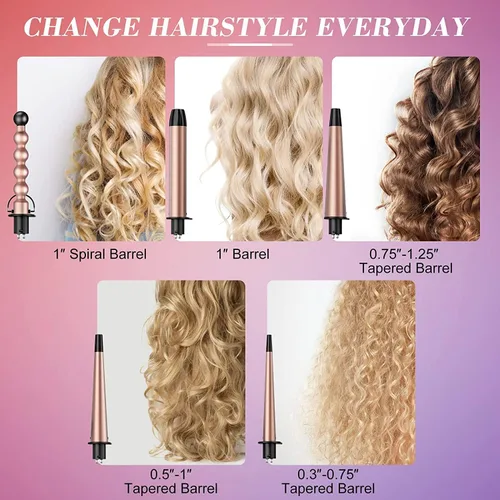 Miniatura 2 de USTAR Varita rizadora 5 en 1 para cabello largo, barriles de cerámica intercambiables de 0.35 a 1.25 pulgadas, rizador de viaje de doble voltaje