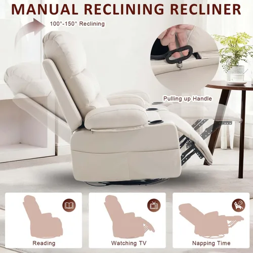 Miniatura 6 de KCQ Rocker - Silla reclinable con calor y masaje, silla reclinable manual de gran tamaño con soporte para tazas, silla mecedora giratoria de piel