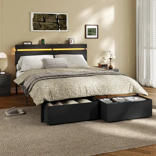 Miniatura 5 de Forestell Base de cama Queen con cabecera de madera, cama de plataforma negra con 2 cajones de almacenamiento y estante, estación de carga integrada