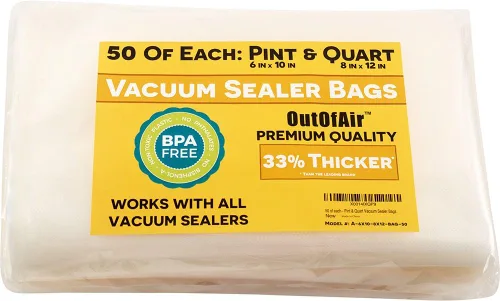 100 bolsas selladoras al vacío: 50 pintas (6 x 10 pulgadas) y 50 cuartos de galón (8 x 12 pulgadas). Bolsas selladoras al vacío OutOfAir funcionan