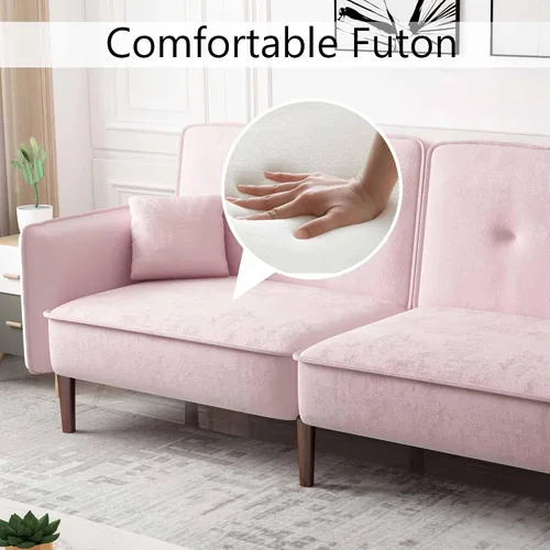 Miniatura 6 de Futón biplaza de 75 pulgadas, sofá cama convertible de terciopelo, moderno con patas de madera, sofá reclinable tapizado plegable, asiento de espuma