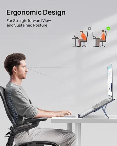 Miniatura 5 de SODI Soporte plegable ultra compacto para laptop, soporte portátil para escritorio y viajes, ajustable, ergonómico soporte de computadora de Azul