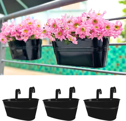 Miniatura 11 de LaLaGreen - Maceta de riel para exteriores (paquete de 2 unidades, 9.8 pulgadas), macetas pequeñas y bonitas de metal para colgar en la terraza