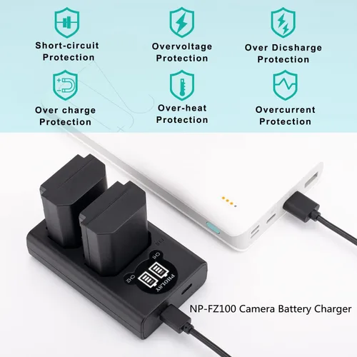 Miniatura 5 de Cargador de batería NP-FZ100, cargador de batería para cámara PHOLSY NP-FZ100, cargador USB dual BC-QZ1 para batería NP-FZ100 compatible con cámara