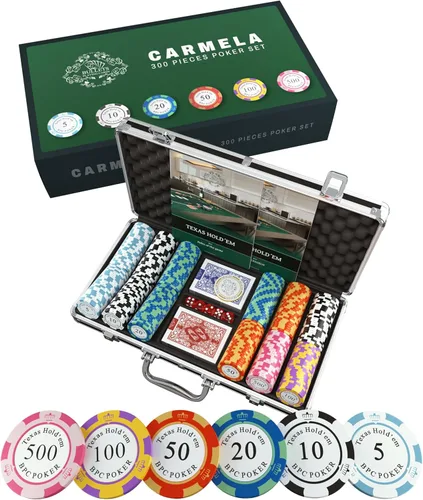Bullets Playing Cards | Juego de póquer Carmela | 300 fichas de póquer de arcilla (0.49 oz) con caja de aluminio, naipes de plástico y dados – Texas