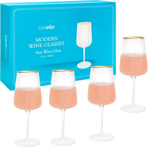 Crutello Copas de vino modernas, cristalería acanalada única de 17 onzas con textura de cristalería acanalada vintage y borde dorado, copas de vino