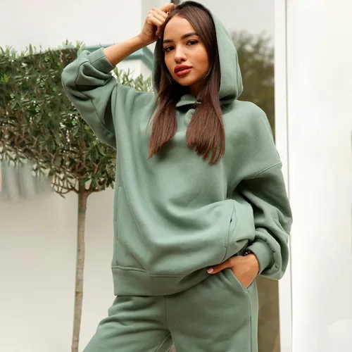 Miniatura 4 de Chándal para mujer, para otoño, invierno, casual, de gran tamaño, liso, básico, pantalones elásticos, sudadera deportiva con capucha, Blanco