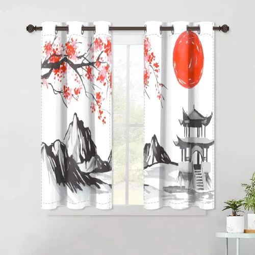Miniatura 123 de Cortinas japonesas con pintura de tinta, monte Fuji, sol rojo, puesta de sol, hojas de bambú, cortinas de ventana para dormitorio, sala de estar