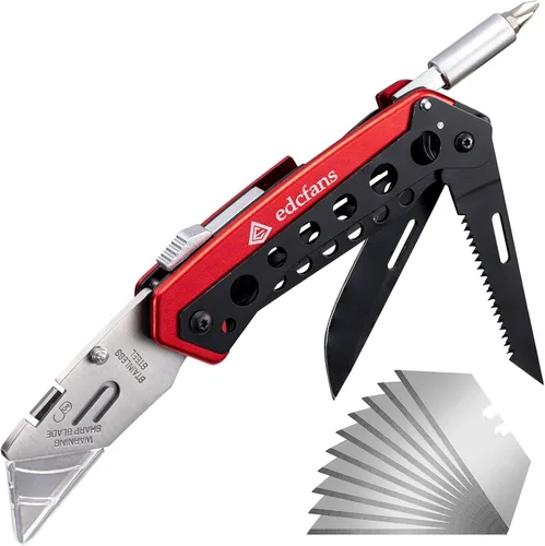 Miniatura 8 de edcfans Navaja Plegable Multiusos Cortador de Cajas con 5 Hojas de Afeitar, Navajas de Bolsillo, Destornillador, Sierra, Diseño con Seguro, Clip