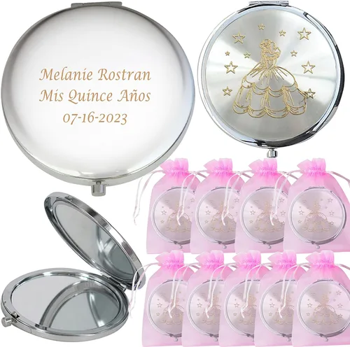 WE Recuerdos de espejo compacto de Cenicienta personalizados (12 piezas) Rosa - Quinceañera/Sweet 15/Cumpleaños/Regalos para invitados