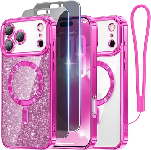 Miniatura 18 de Meifigno Candy Mag Series - Funda diseñada para iPhone 15 Pro, compatible con MagSafe, tarjeta con purpurina y correa de muñeca, protección completa