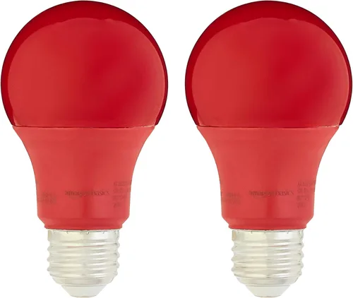 Amazon Basics Bombillas LED A19 color rojo para fiestas, equivalente a 60 W, eficiencia energética de 9 W, base estándar E26, no regulable, vida
