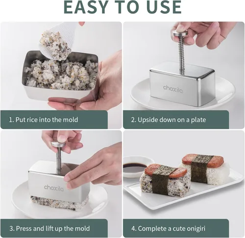Miniatura 5 de choxila Molde Musubi de acero inoxidable, antiadherente para spam, molde de Musubi para hacer Musubi, kit de prensa onigiri para niños, Bento
