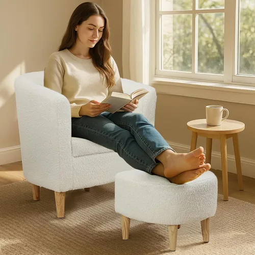 Miniatura 4 de DAZONE Silla decorativa Sherpa con otomana, sillón blanco esponjoso de barril de peluche para sala de estar acogedora, sillas pequeñas y cómodas