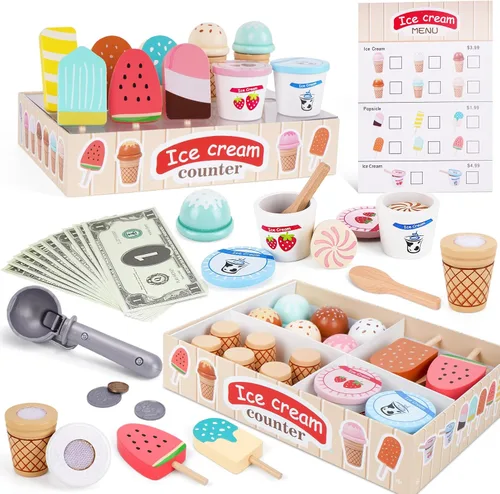 Juguetes de helado de madera para niños pequeños de 3 a 5 años, juguetes de madera para niños Accesorios de cocina de juego, juegos de comida de