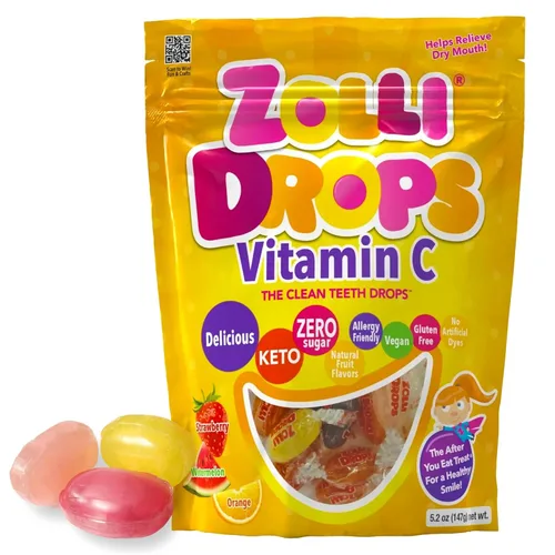 Zolli Drops Vitamina C Clean Teeth Candy sin azúcar con xilitol, sin colorantes, apto para dieta keto y diabética, golosinas aprobadas por dentistas