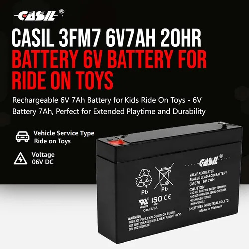 Miniatura 2 de Casil 3FM7 6V7Ah 20HR Batería de 6V 7Ah para juguetes motorizados - Batería recargable 3FM7 de 6V 7Ah duradera para juguetes motorizados para niños