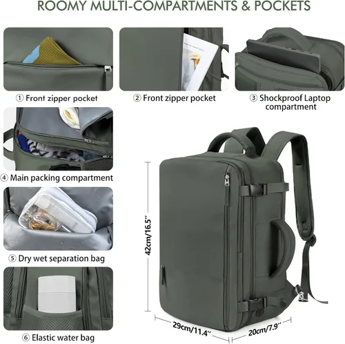 Miniatura 6 de Mochila de viaje de mano aprobada por aerolíneas Beraliy para hombres y mujeres, Verde oliva-Verde, Grande, Mochilas de viaje