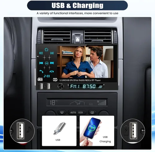 Miniatura 4 de Estéreo de coche de un solo DIN con Carplay inalámbrico y Android Auto, 5.5 "1 DIN pantalla táctil Radio de coche con Bluetooth FM Radio espejo