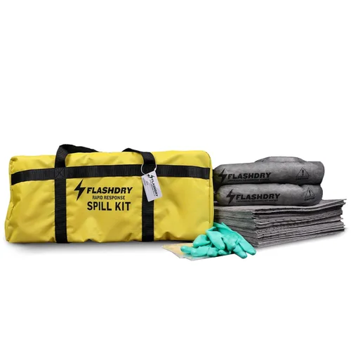 FlashDry Kit universal portátil para derrames – Kits de derrames para vehículos, industriales y de seguridad de emergencia, bolsa amarilla, etiqueta