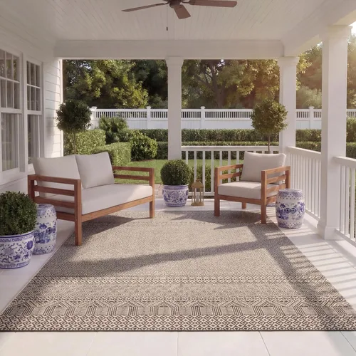 Miniatura 41 de SAFAVIEH Alfombra lavable para exteriores, colección Courtyard de 2.3 x 6.7 pies, beige y azul aguamarina, no desprende pelusa y es fácil