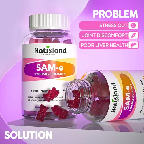 Miniatura 2 de SAM-e con gomitas de L-tirosina, complejo B metilado y NAC, suplemento SAM e de 1200 mg, folato de metilo y B12, para alivio del estrés y apoyo