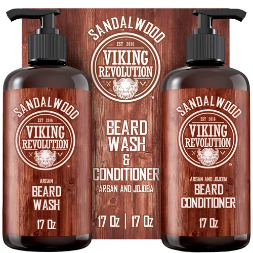 Viking Revolution Juego de acondicionador para barba y lavado de barba con aceites de argán y jojoba, suaviza y fortalece, aroma natural de sándalo,