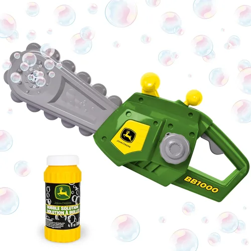 John Deere Juguete motorizado de motosierra de burbujas para niños, herramienta de juego de simulación de soplado de burbujas, máquina de burbujas