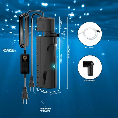 Miniatura 7 de Filtro de tanque de peces con luz U - V y temporizador (3/6/12/24 horas) para limpieza de agua verde, filtro de acuario con filtro de tanque