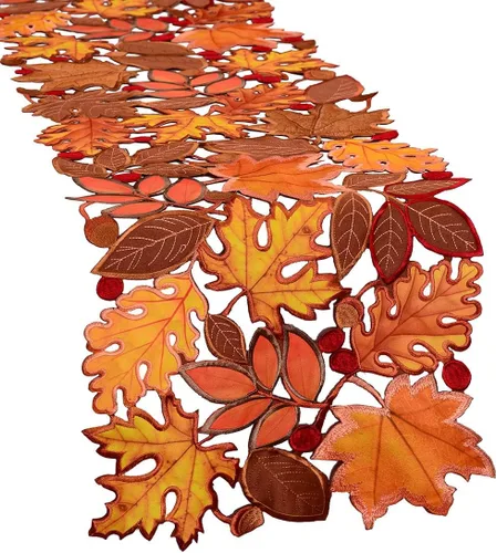 Camino de mesa bordado de hojas de otoño para Acción de Gracias, decoraciones de cosecha de otoño (14 x 34 pulgadas)