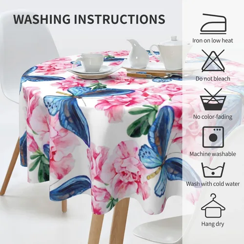 Miniatura 5 de Gianlaima Mantel redondo de primavera con diseño de mariposa azul azalea rosa, impermeable, lavable, para el hogar, restaurante, cocina, picnic