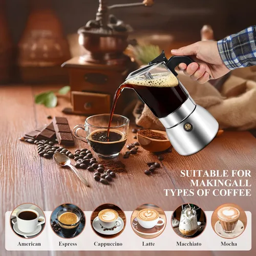 Miniatura 7 de Moka Pot - Máquina de café expreso para estufa, tapa de cristal y cafetera italiana de acero inoxidable 304, cafetera de café italiano de 10.1 fl oz