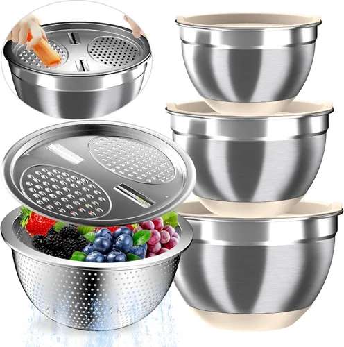 Miniatura 9 de Nicdiet - Juego de cuencos de mezcla con tapas herméticas, juego de cuencos de mezcla de acero inoxidable con 3 cuencos anidados de metal, colador
