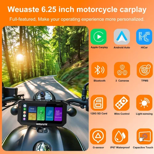 Miniatura 2 de 3PCS 1080P motocicleta Dash Cam, TPMS, 6.25" motocicleta Carplay & Android Auto Screen & HiCar, sensor de luz, grabación en bucle, controlador