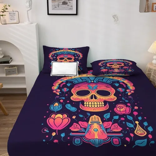 Miniatura 3 de Juego de sábanas tamaño Queen – Sábanas de cama con diseño de calavera de azúcar, sábanas y fundas de almohada, microfibra suave, bolsillo profundo